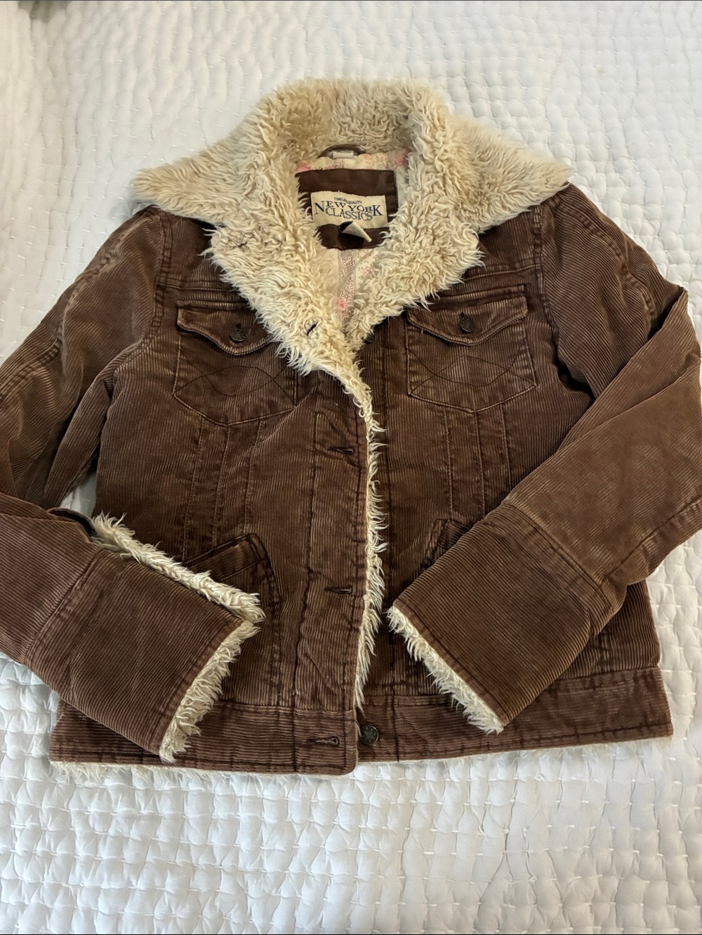 New York & Company Brown Corduroy Jacket with Cream Faux-Fur Trim Y2K Vintage
